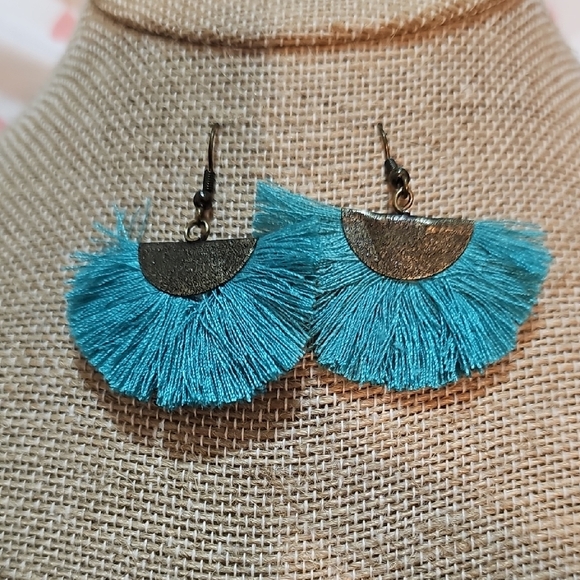 Hand Crafted Jewelry - Teal Fringe Bronze Earrings. Nickle Free.